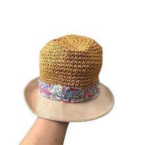 Women's Straw Summer Beach Jute Fedora Printed Cotton Trim OS